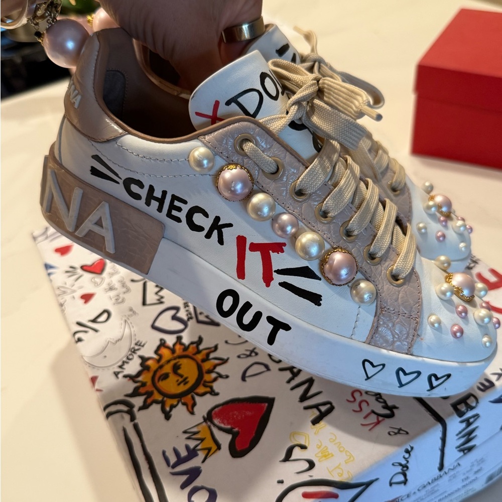 Dolce & Gabbana White and Tan Pearl Embellished Sneakers